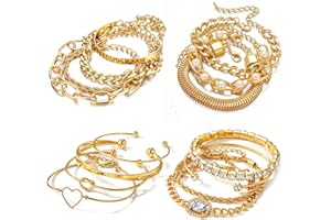 KISS WIFE 15 Pcs 14K Plated Gold Bracelets Set for Women, Multiple Layered Stackable Open Cuff Bangle, Adjustable Cuban Link Chain Tennis Bracelet Pack, Dainty Classic Aesthetic Jewelry