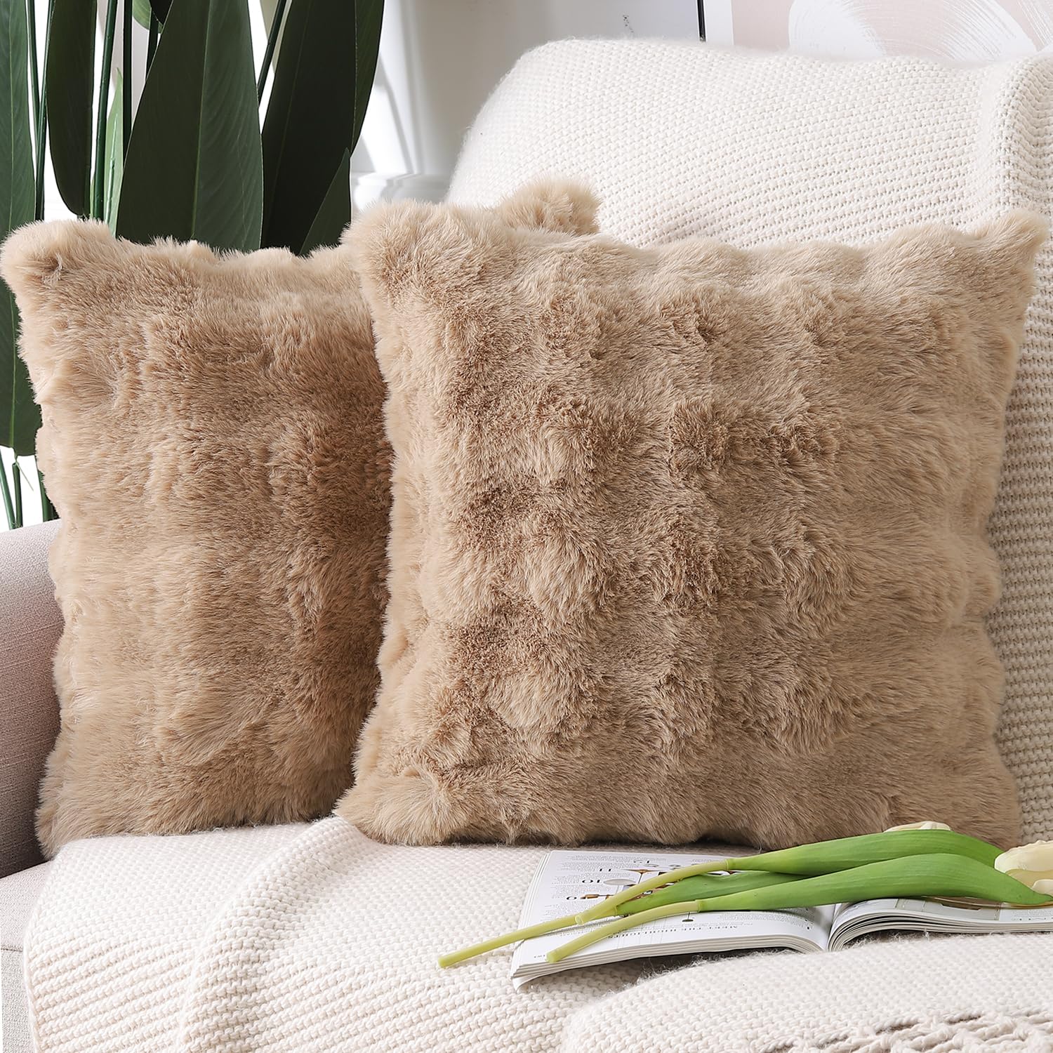 Photo 1 of **MISSING 1** MADIZZ Pack of 2 Thick Plush Wool Throw Pillow Covers 20x20 Inch Camel Soft Neutral Decorative Throw Pillows Accent Boho Cushion Covers for Couch Sofa Bedroom Pillow Shell