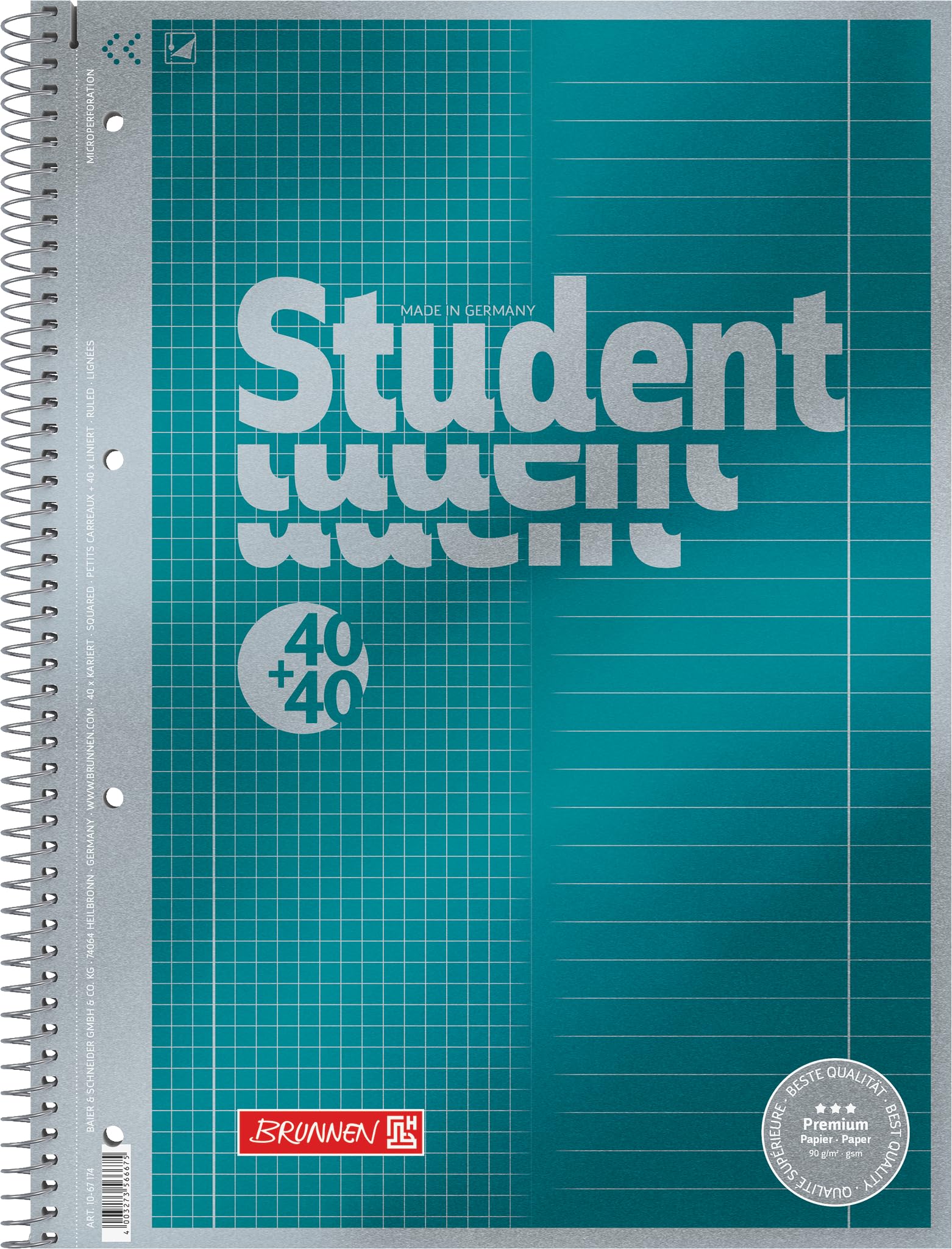 Brunnen 1067174 Vera Treated Cover with Metallic Effect A4 Lined Notepad/Student Premium Duo, 27/28, 90 g/m²; 40 Sheets Ruled, 40 Sheets Chequered