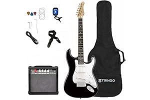STRINGO Black Electric Guitar Beginner Kit Full Size 39 Inch Set Includes Tremolo Guitar, 20W Amplifier 3 Picks, Shoulder Strap, Tuner, Bag Case