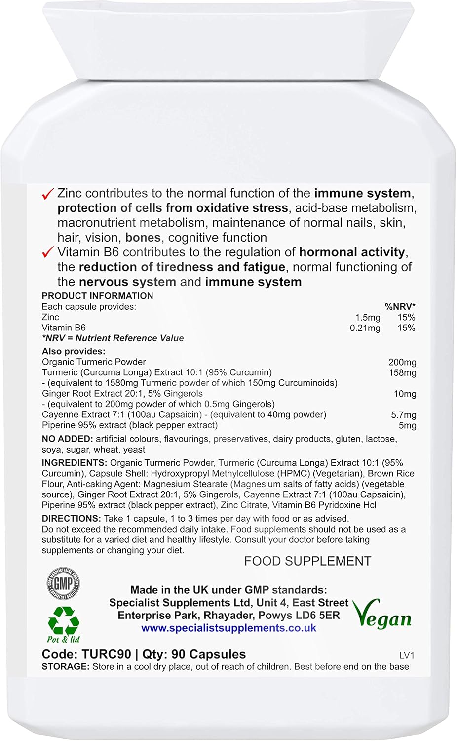 Specialist Supplements Turmeric Herbal Combo Plus Immune System Support 90 Capsules, Orange, 90 count (Pack of 1) - Image 4