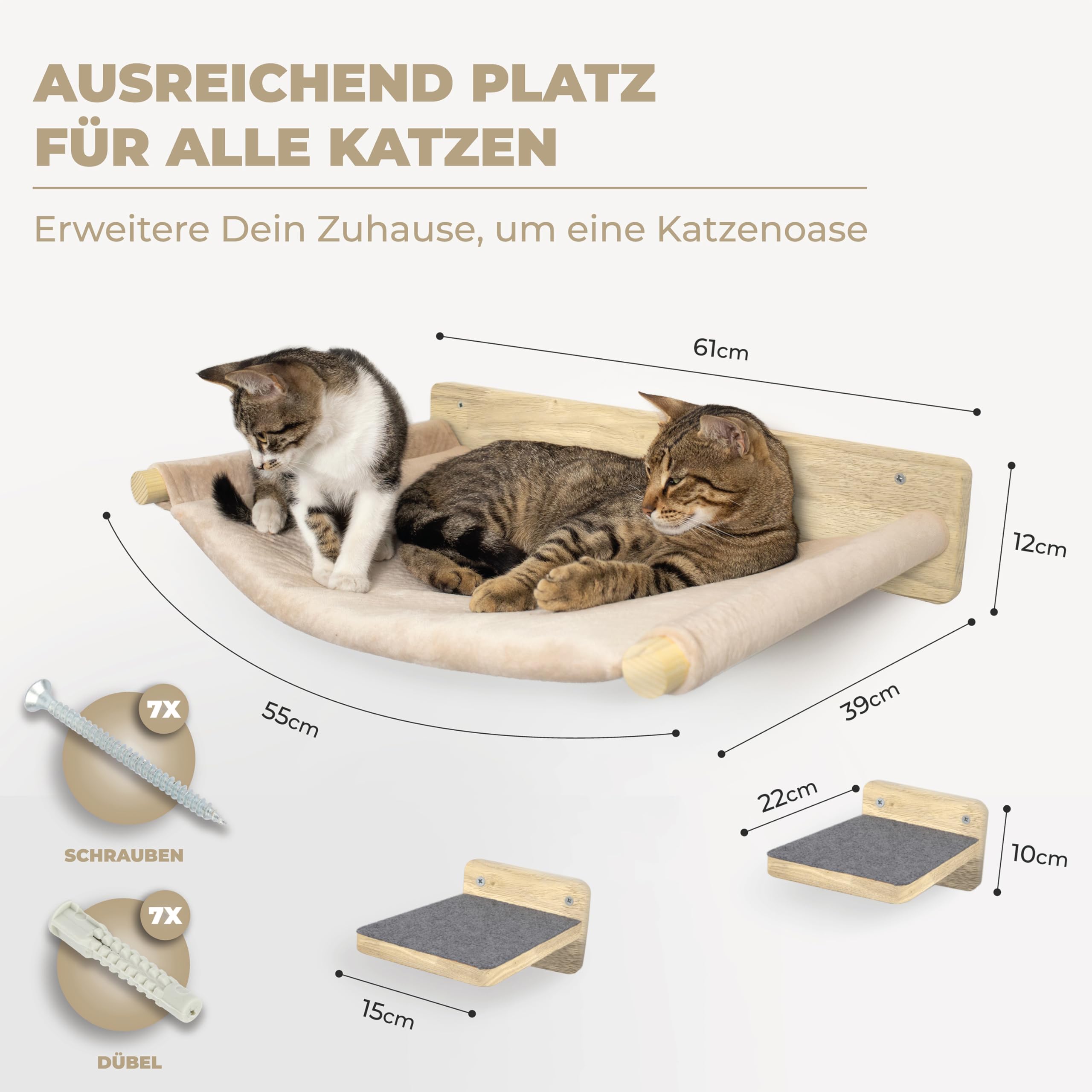 WOOWOOD® Kletterwand Katzen Hängematte inkl. 2X Katzentreppe Wand [Vollholz] - Kratzbaum Wand - Hängematte Katze - Wandkratzbaum - Katzenmöbel - Katzenwand - Katzen Kletterwand Set 2