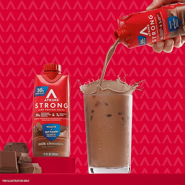 ATKINS STRONG HIGH PROTEIN SHAKE, MILK CHOCOLATE, 30G PROTEIN, 7G PREBIOTIC FIBER, 1G SUGAR, GLP-1 SUPPORT, MUSCLE & GUT HEALTH SUPPORT COMPLEX, 12 COUNT