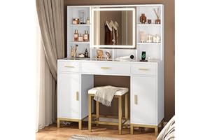 AOGLLATI Makeup Vanity Set with Lights in 3 Colors,Vanity Desk with Mirror and Lights & Charging Station, White Vanity Table with Big Glass Desktop, Hidden and Open Storage Shelves