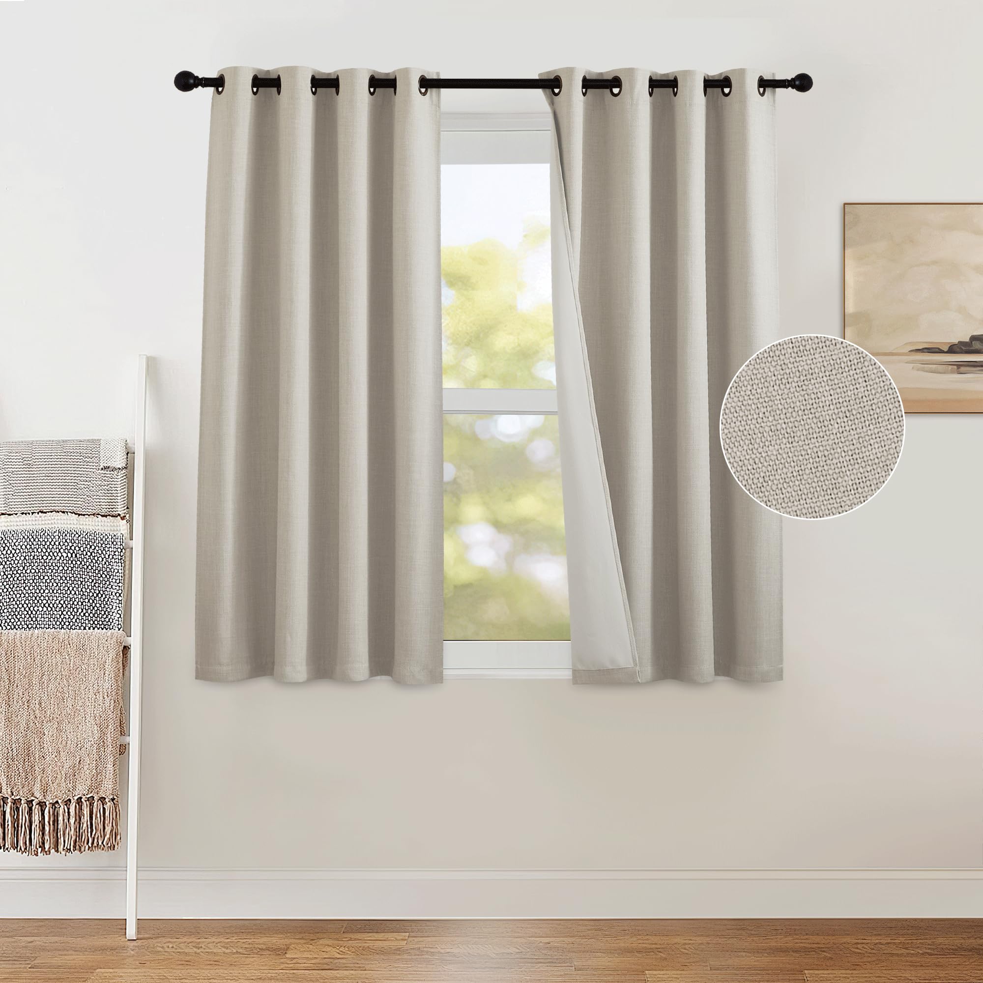 PONY DANCE Linen Curtains for Bedroom - Boho Blackout Short Curtains with Bronze Rings Eyelet, Privacy Thermal Insulated Window Treatments for Living Room, Drapes 2 Panels, 46 Wide x 54 Drop, Angola