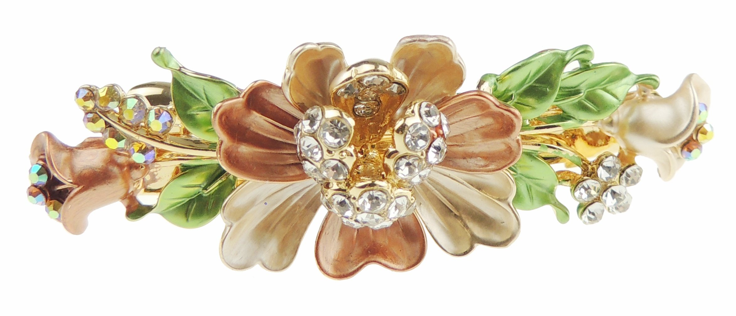 Womens Girls Crystal Rhinestone Diamante Wedding Birthday Party Evening Ponytail Fine Medium Hair Accessories Occasion Barrette Hairpin Grip 7cm French Spring Clip Floral Flower Enamel Beige