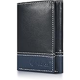 VALENCHI Genuine Leather RFID Blocking Slim Trifold Wallet, 6 Cards+1 ID Window, 2 Note Compartments, Blk/Blue Nappa, Male
