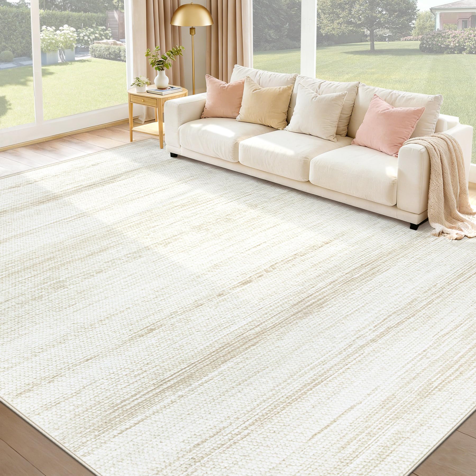 Washable Rug 9x12 Area Rugs: Modern Geometric Rugs for Living Room Non Slip Soft Low Pile Moroccan Indoor Carpet for Bedroom Nursery Dining Room Home Office (Ivory, 9'x12')