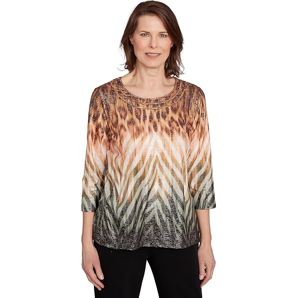 Alfred Dunner Women's Plus Size Zebra Print Knit Top - 3/4 Sleeve, Notch Neckline, 2X (Neutral)