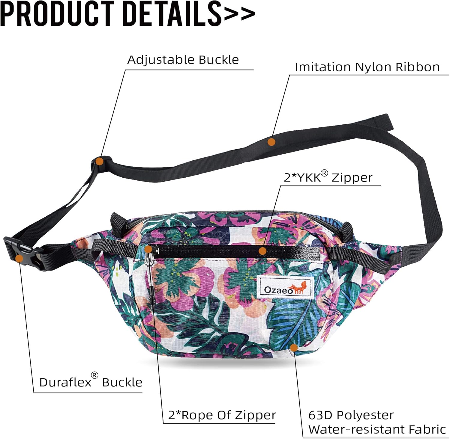 Ozaeo Travel Waist Bag, Water Resistant, Lightweight, Hiking Fanny Pack with 3-Zipper Pockets and Adjustable Strap Flower Colorful