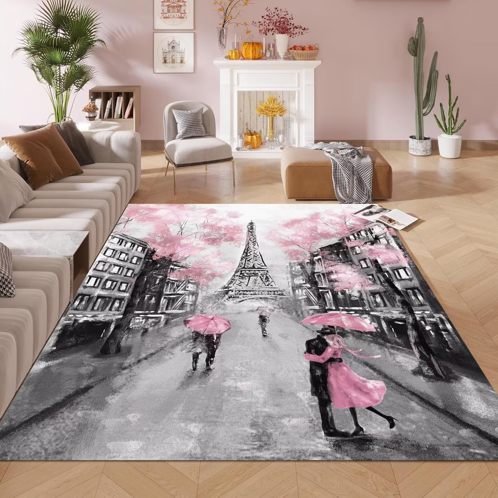 Photo 1 of kxry 4 * 6 Feet Pink Paris Eiffel Tower Soft Area Rugs for Kids Girls Women French Style Couple Lover Flower Floor Carpet for Living Room Bedroom Dorms Nursery Rooms Home Decor Aesthetic