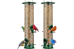 Gray Bunny 2 Pack, 12 Inches Tube Bird Feeders for Outdoors Hanging, 4 Feeding Ports, Hard Plastic Feeder Outdoor Weatherproof & Steel Hanger, Bird Feeders, Finch Feeder, Bird Feeders Outside Hanging