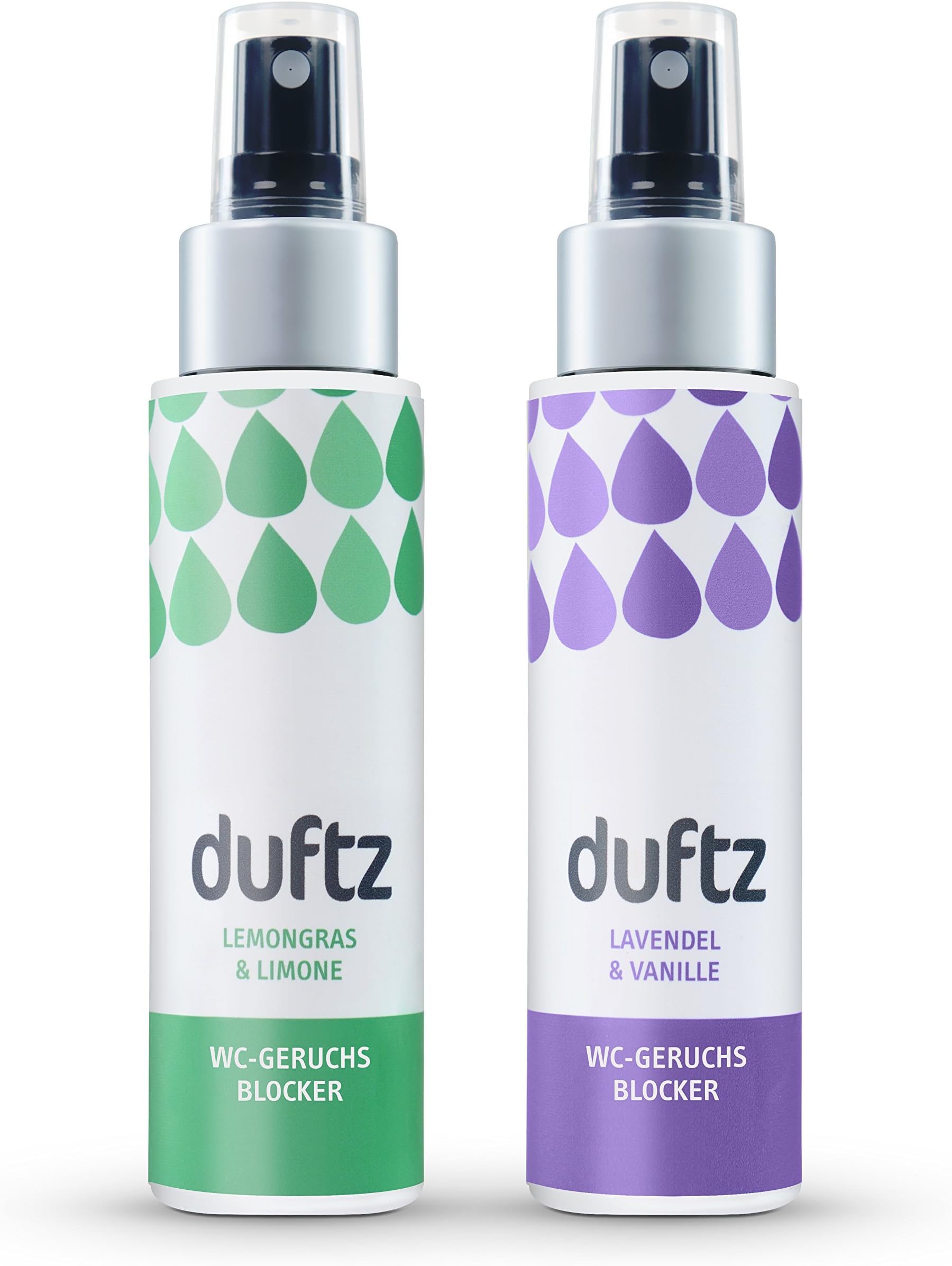 duftz® Bundle 2 varieties WC odour blocker when using the toilet, at least 200 applications, 2x 75ml toilet fragrance for on the move, toilet, bathroom, guest WC