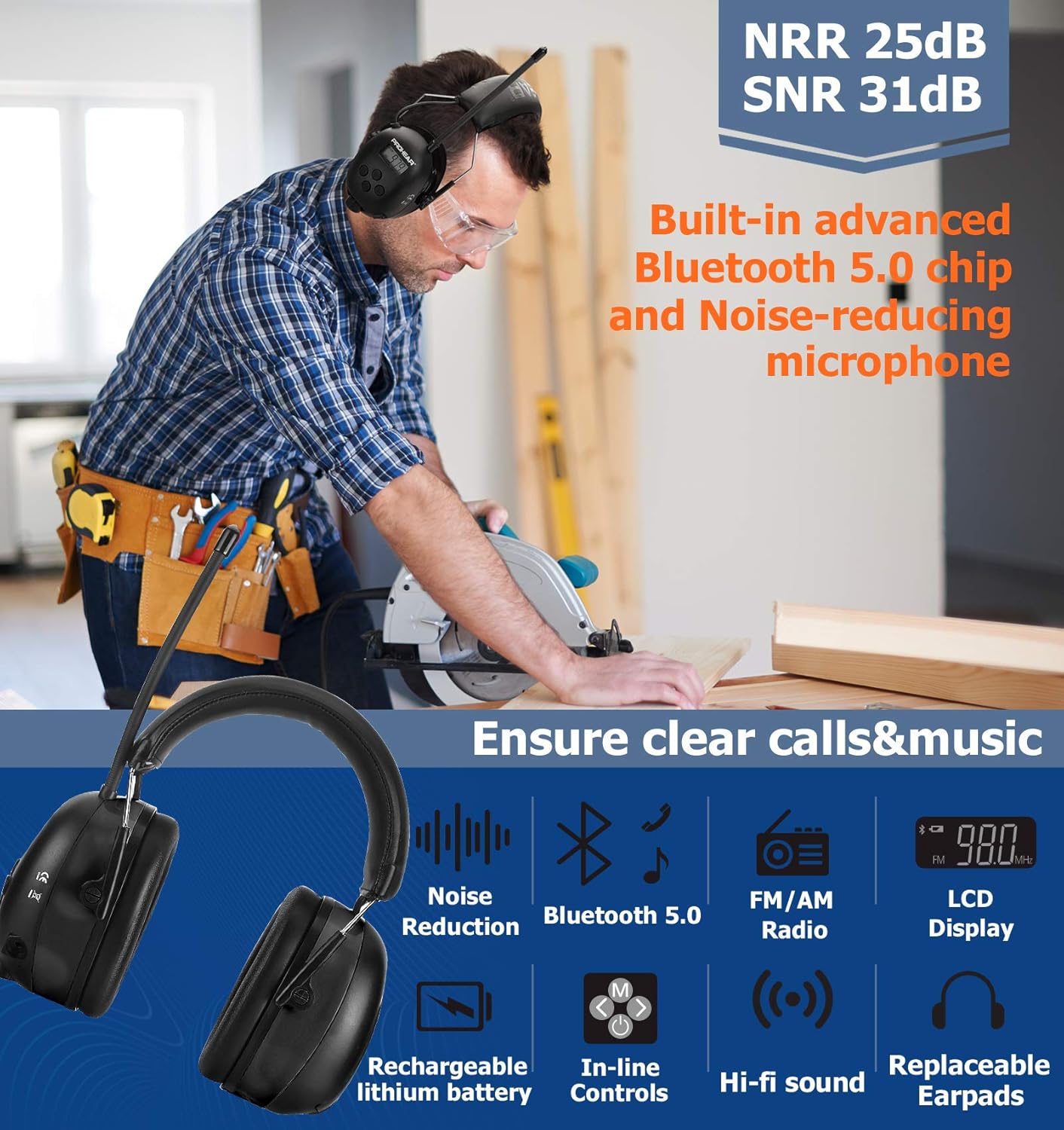 (Upgraded) PROHEAR 033 Bluetooth 5.0 Headphones with FM/AM Radio, with Rechargeable 2000 mAH Battery Hearing Protection Safety Earmuffs for Mowing Lawn Work-Black: Electronics