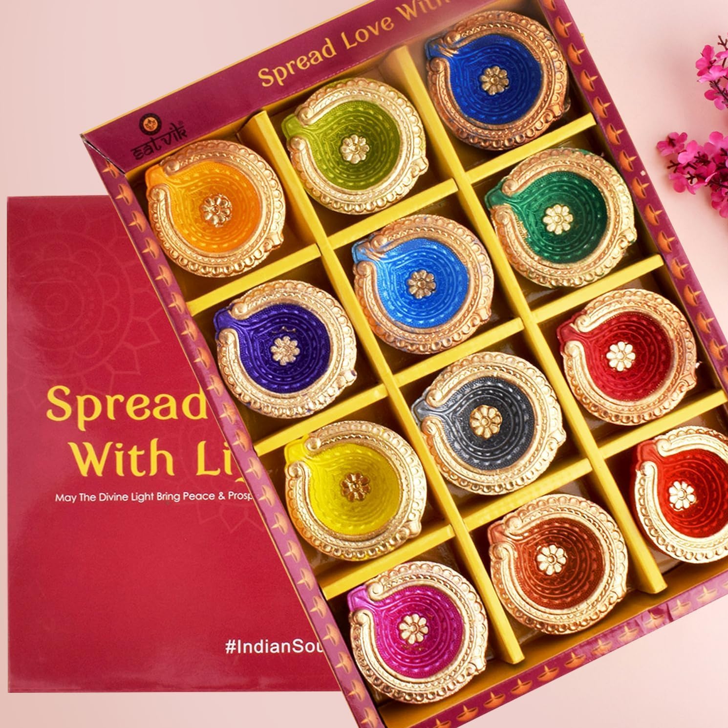 Oil Lamps & Accessories - SATVIK 12 Pc Multicolor Clay Diya Terracotta Dia Traditional Puja Vilakku Oil Lamp Natural Mitti Diya Tea Light Welcome Diwali Deepawali Navratri Pooja Décorations Indian Housewarming Return Gift Item