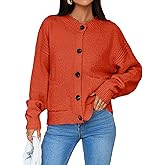 Saodimallsu Womens Button Up Cardigans Fall Crew Neck Fuzzy Knit Long Sleeve Cropped Sweater Jacket with Pockets