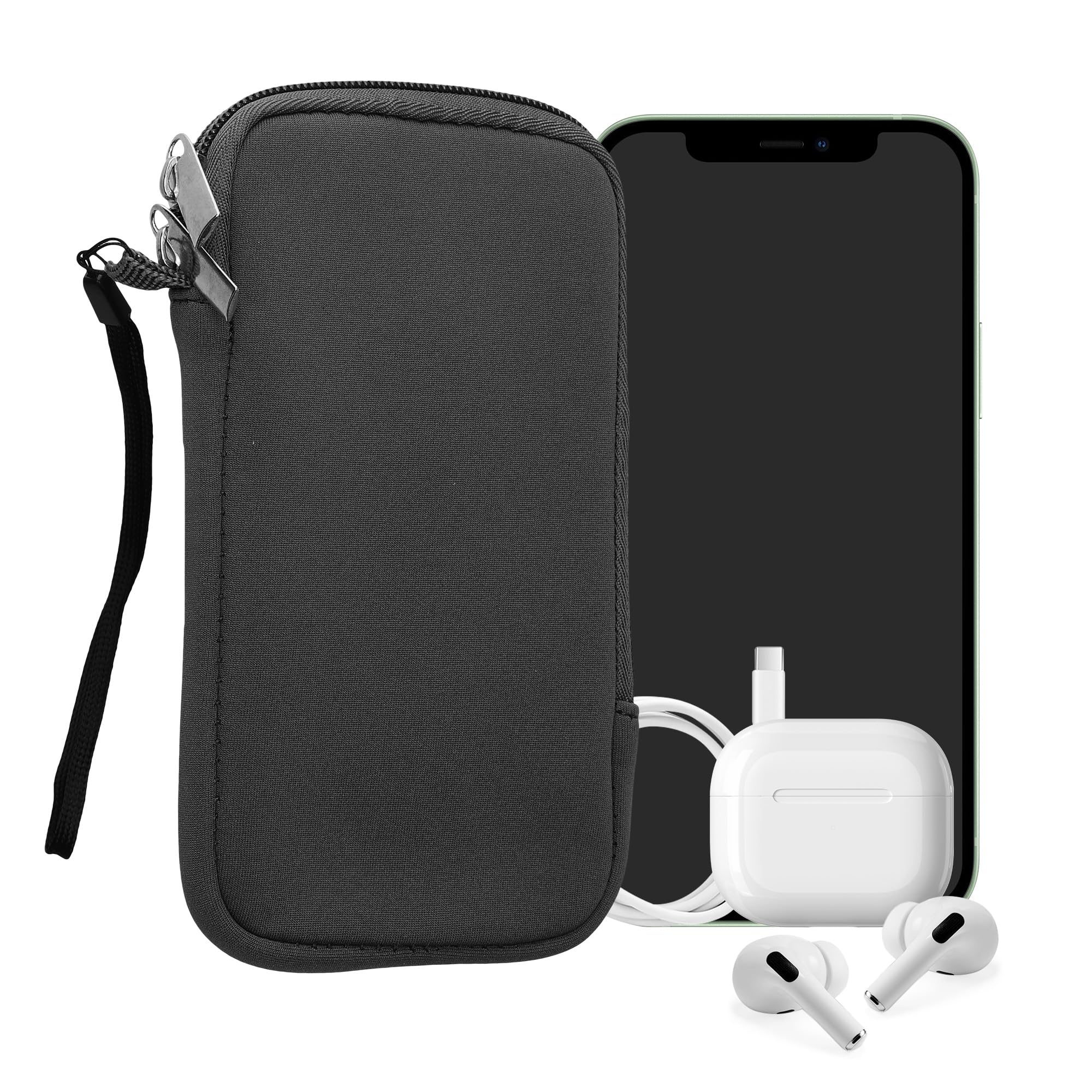 kwmobile Neoprene Phone Pouch Size L - 6.5" - Universal Cell Sleeve Mobile Bag with Zipper, Wrist Strap - Grey