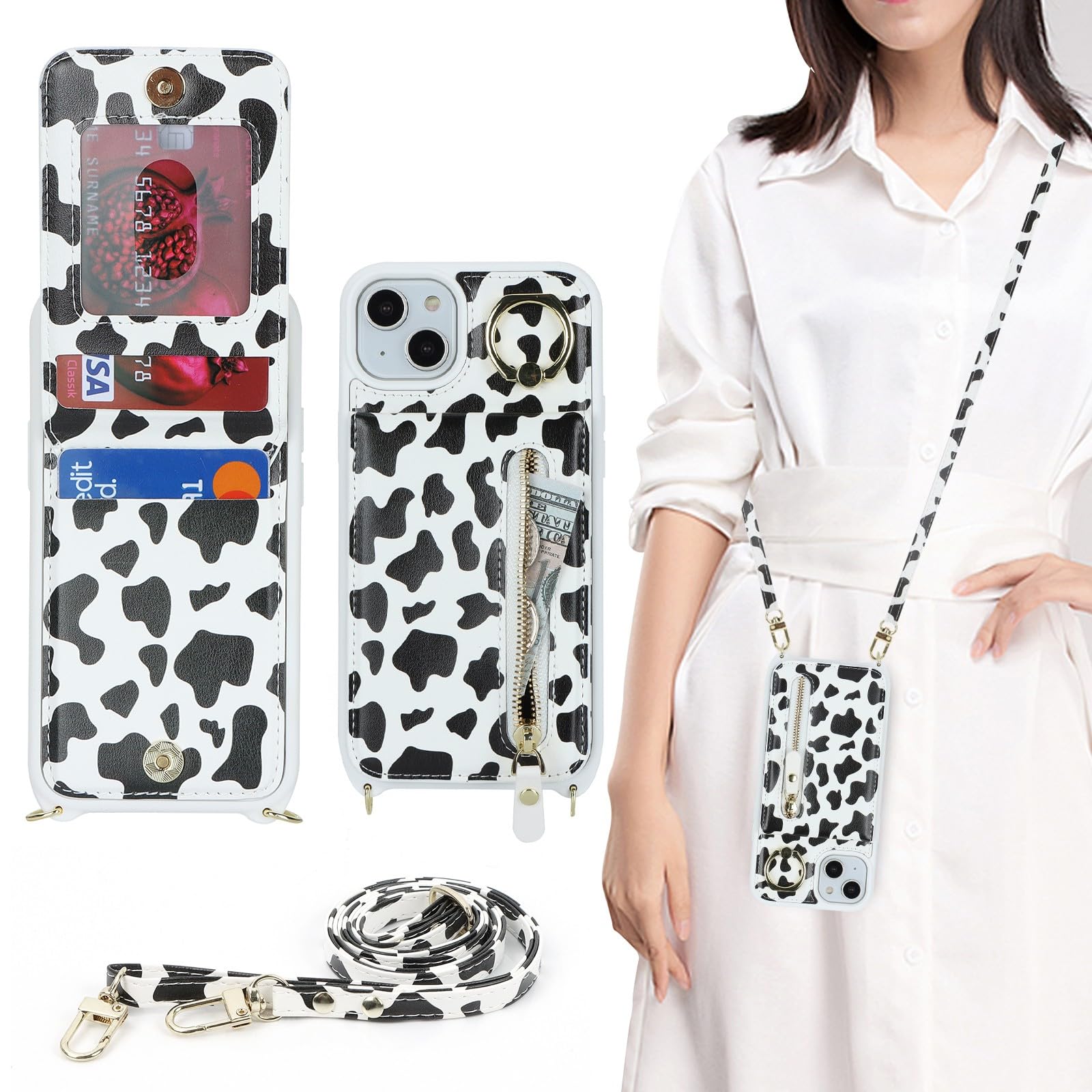 Zouzt for iPhone 13 Mini Case with Cord and Card Holde, Zipper Wallet Case with Crossbody Lanyard Ring Adjustable Necklace Protective Cover Women for iPhone 13 Mini 5.4 Inch - Cow Print Black