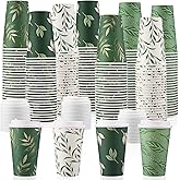 Zopeal 100 Pcs 12 oz Spring Disposable Coffee Cups with Lids 4 Sage Green Themed Pattern Paper Cups Travel Disposable Coffee Mugs for Spring Dinner Event Decoration Wedding Kitchen Restaurant Supplies