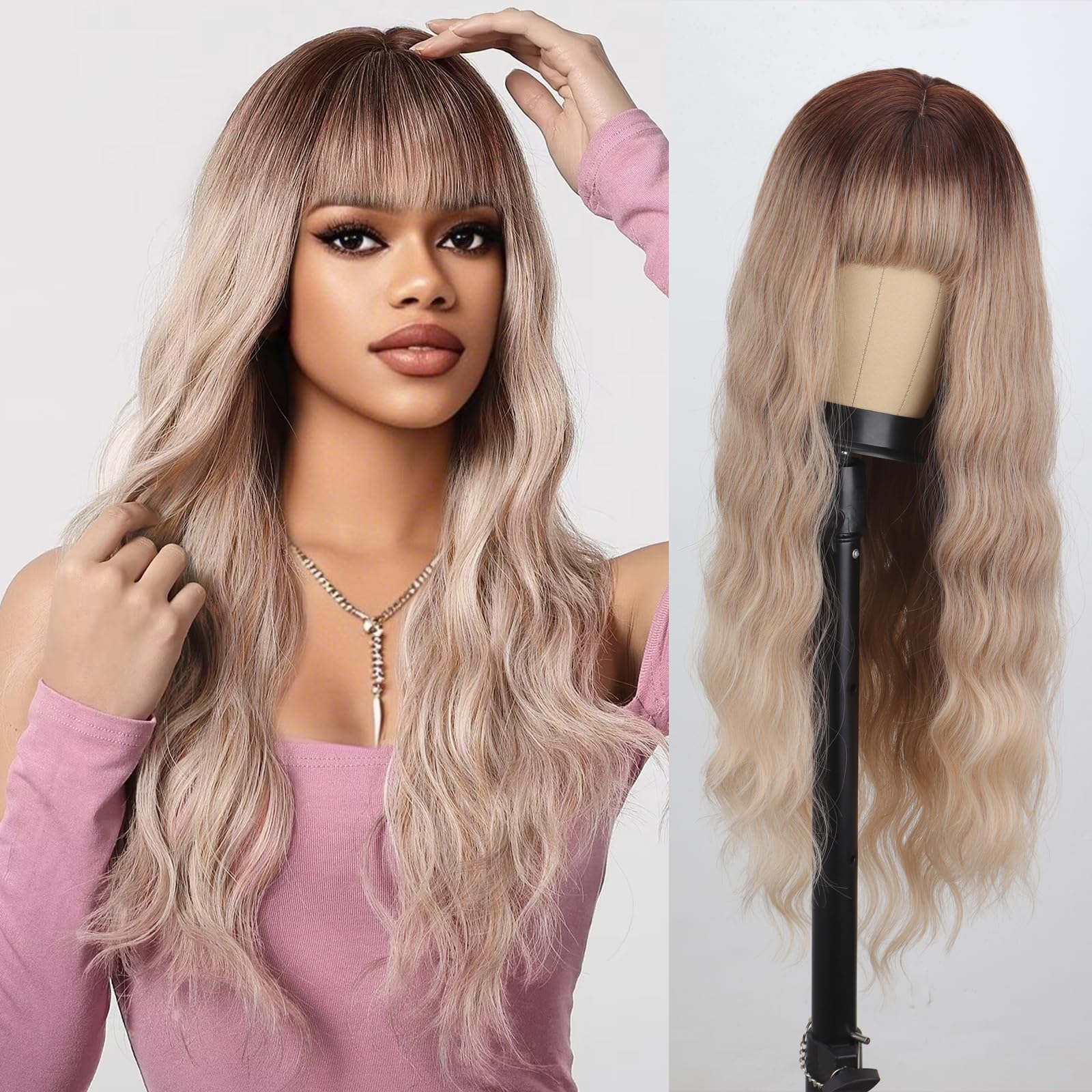 Photo 1 of MERISIHAIR Long Ombre Ash Blonde Wig Dark Brown Omber Light Ash Blonde Wigs with Bangs for Women Natural Looking Synthetic Heat Resistant Fiber Wig for Daily Cosplay Costume Halloween Use