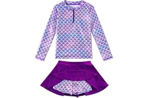 METEORITO Girls Rash Guard Set Two Pieces Printed Zipper Swimsuit Skirt with Shorts 3-12T