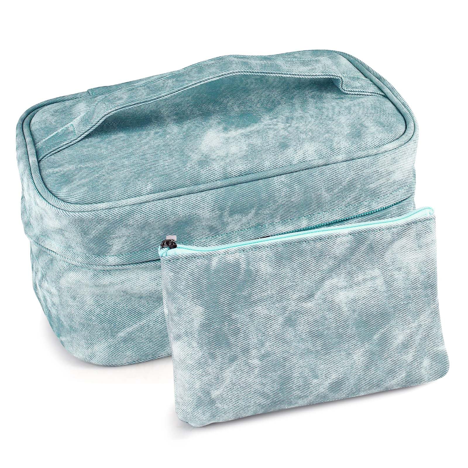 Huakaile PU Leather Makeup Bag with Zipper, Waterproof Large Capacity Makeup Organizer, Portable Travel Cosmetic Cases, Delicate Toiletry Bag for Women (Blue)