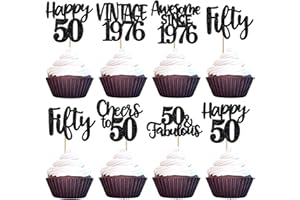 ZHUOWEISM 24 PCS Vintage 1976 Cupcake Toppers Black Glitter Happy 50th Birthday Cheers to 50 Fifty 50 Fabulous Cupcake Picks 