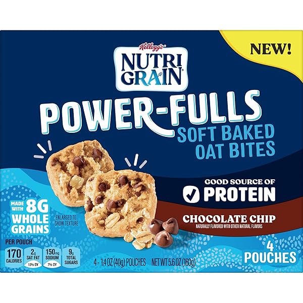 NUTRI-GRAIN POWER-FULLS SOFT BAKED OAT BITES, PROTEIN SNACKS, WHOLE GRAIN, CHOCOLATE CHIP, 5.6OZ BOX (4 POUCHES)