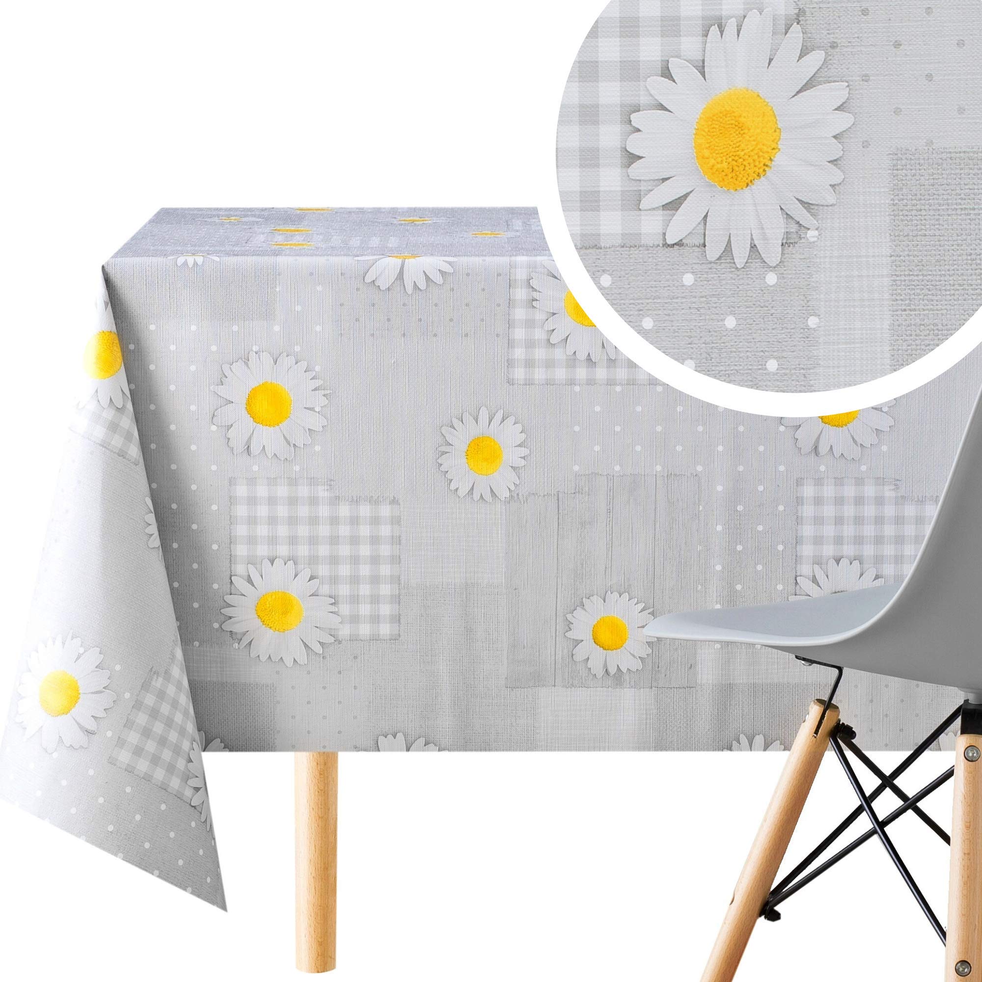 KP HOME PVC Wipe Clean Table Cloth Rectangular 200x140 cm / 78x55 In - Wipeable Tablecloth up to 6 Seats Waterproof Plastic Cover Kitchen Vinyl Oilcloth Grey Daisy Chamomile Flower Patchwork Design — image 1