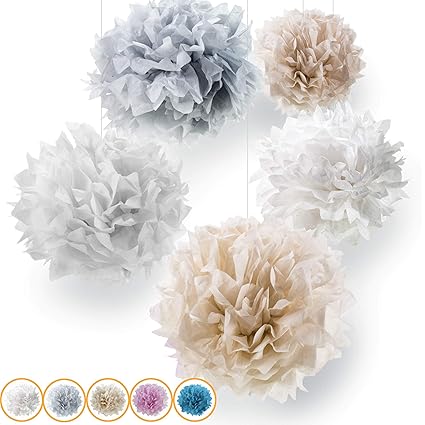 Pumpko® Decor 10er Seidenpapier Pompons Deko-Set | Dekoration für Ihre Hochzeit und Party | Champagner Hellgrau Weiß | Inklus