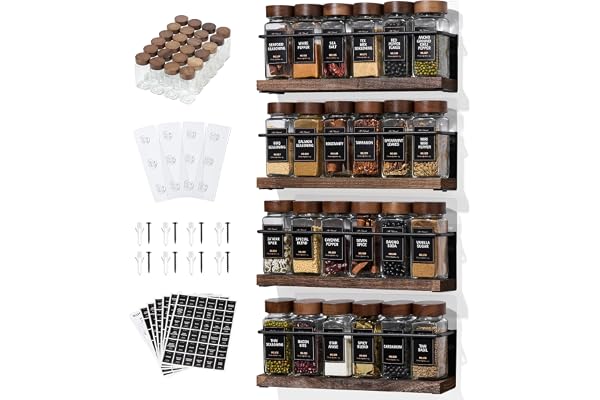 KitHero 4-Tier Wall Mount Spice Rack Organizer with 24 Glass Jars, 216 Labels & Funnel - Screw/Adhesive Mount, Black Metal &