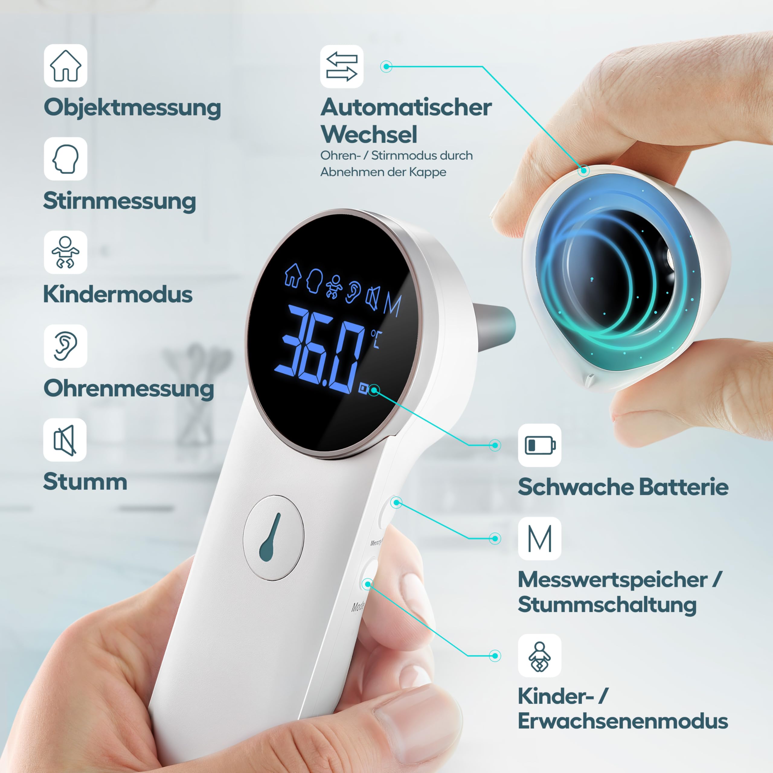HIMMELSHAUCH MEDICAL Fieberthermometer Ohr & Stirn | 3 in 1 Messgerät | Ohrthermometer Babys Kinder & Erwachsene | Stirnthermometer kontaktlos | Digitales Fieber-Thermometer | Infrarot Fiebermesser 4