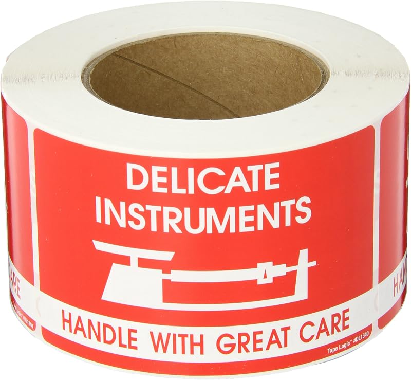 Tape Logic "DELICATE INSTRUMENTS" Labels 5"x3" White Red - Handle With Care
