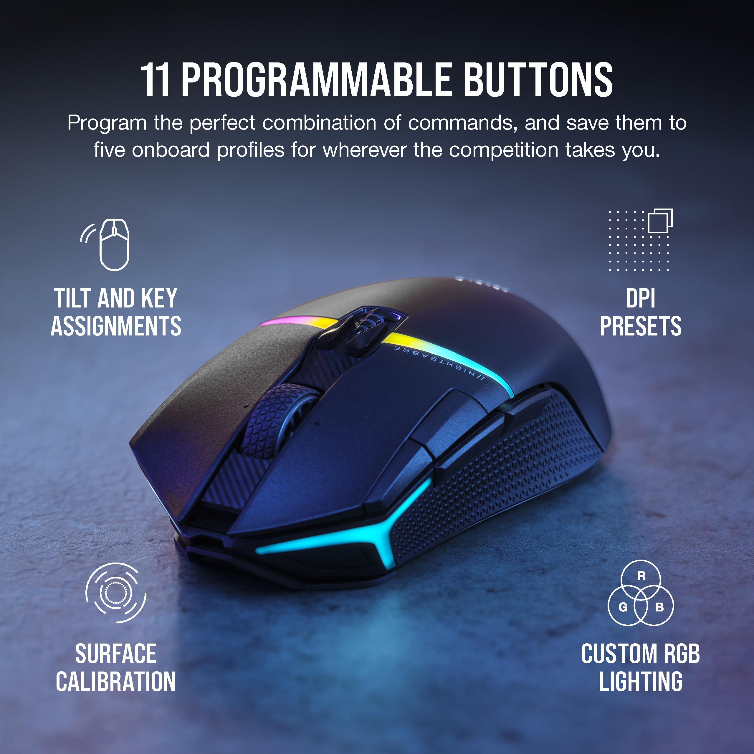 Corsair NIGHTSABRE RGB Wireless Gaming Mouse for FPS, MOBA - 26,000 DPI - 11 Programmable Buttons - Up to 100hrs Battery - iCUE Compatible - Black