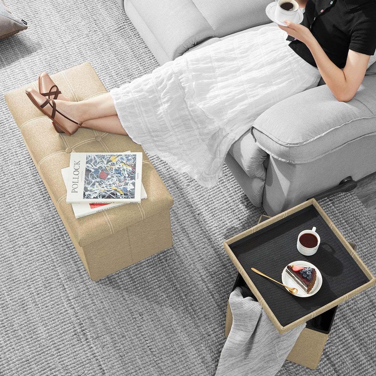 YOUDENOVA 30 inches Storage Ottoman Bench, Foldable Footrest Shoe Bench with 80L Storage Space, End of Bed Storage Seat, Support 350lbs, Linen Fabric Beige: Kitchen & Dining