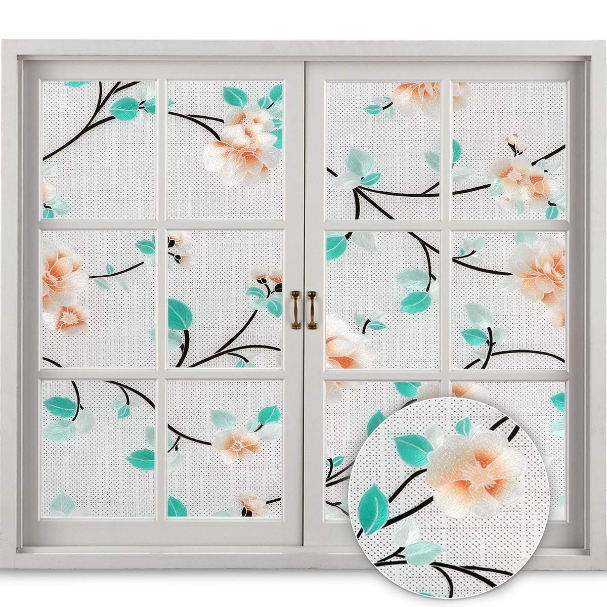 Privacy Window Film Clings Decorative Vinyl, Stained Glass Window Decals, Static Cling Window Sticker Non-Adhesive (Frosted - Plum Blossom, 17.7 Inch x 6.5 Feet)