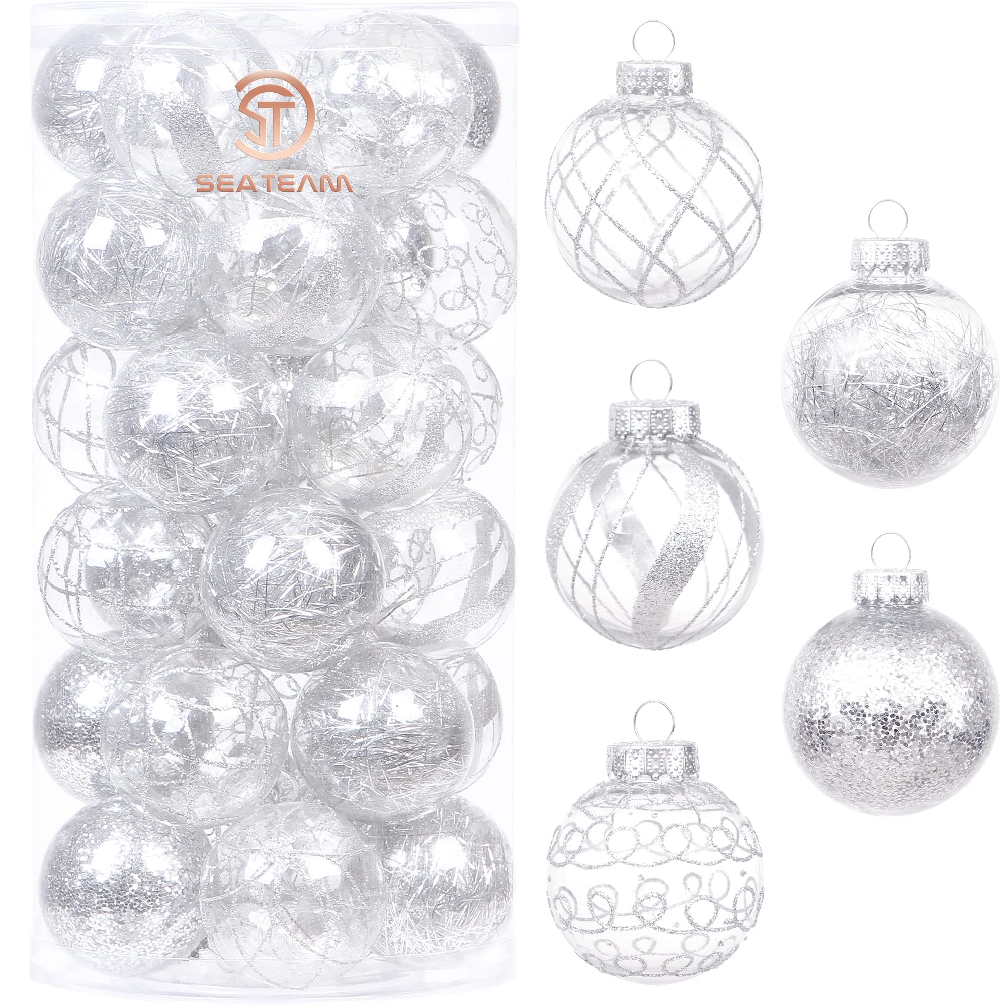 Sea Team 60mm/2.36" Shatterproof Clear Plastic Christmas Ball Ornaments Set with Glitter Painting, Transparent, See-Through, Crystal Baubles, Xmas Tree Decorations (30 Counts, Silver)