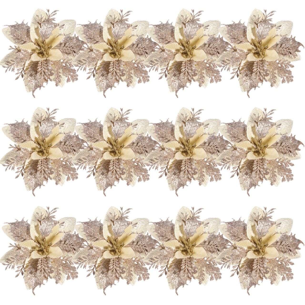 STOBOK Christmas Glitter Poinsettia Artificial Flowers: 12 Pack Christmas Tree Ornaments for Wreaths Garland Holiday Party, Xmas Decoration, Poinsettia 15CM