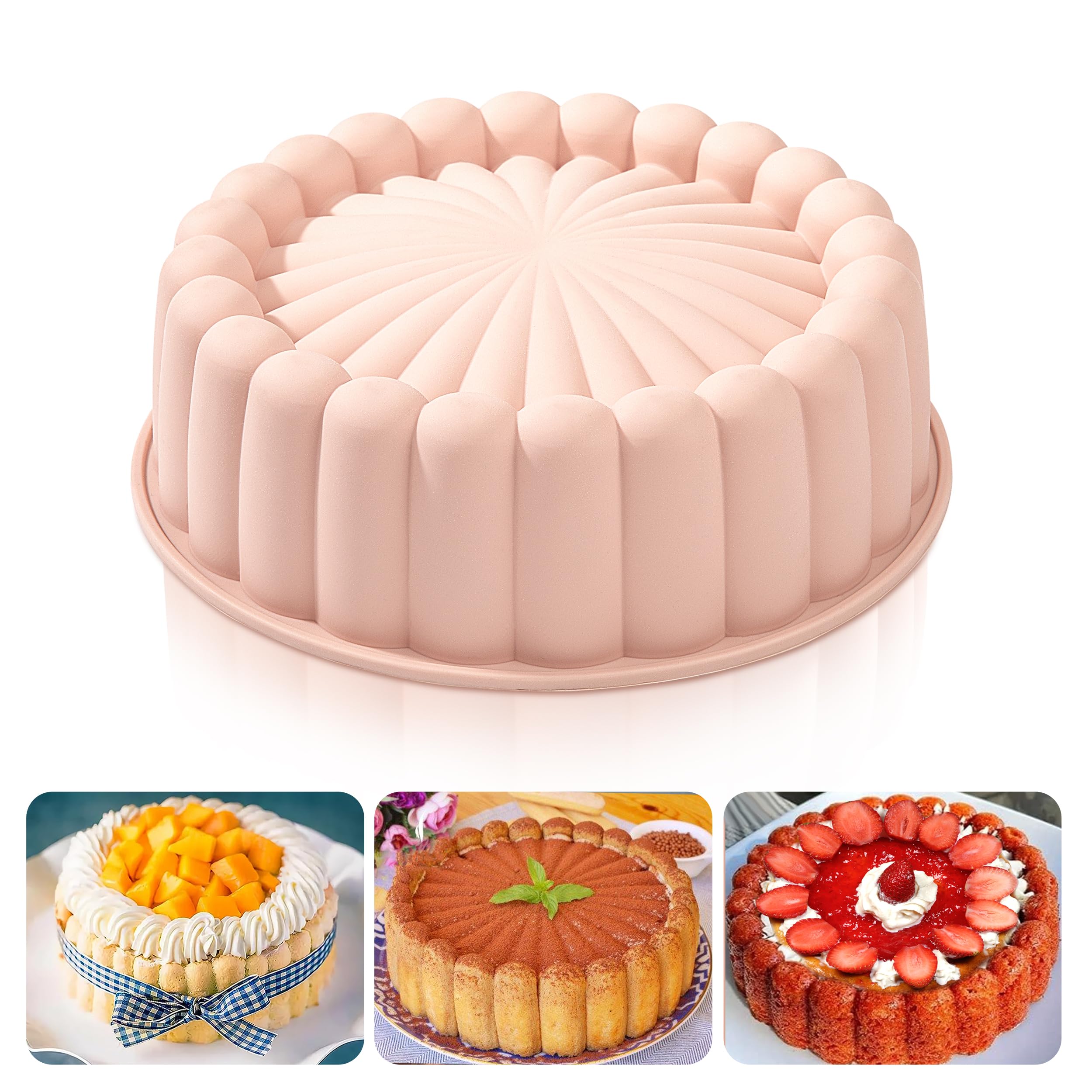 Heveer Silicone Charlotte Cake Pan 8 Inch Nonstick Round Silicone Molds Reusable Cake Mold Fluted Cake Pan for Baking Strawberry Shortcake Cheesecake Pink