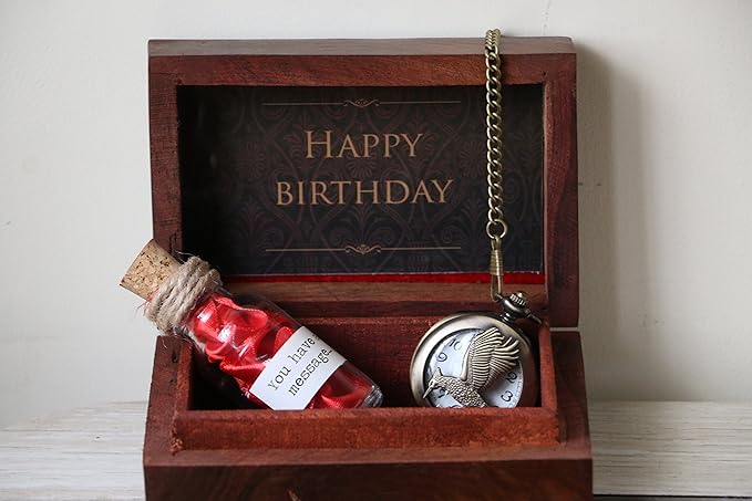 Oye Happy Mens and Womens Birthday Message Bottle and Vintage Pocket Watch Wooden Gift Box