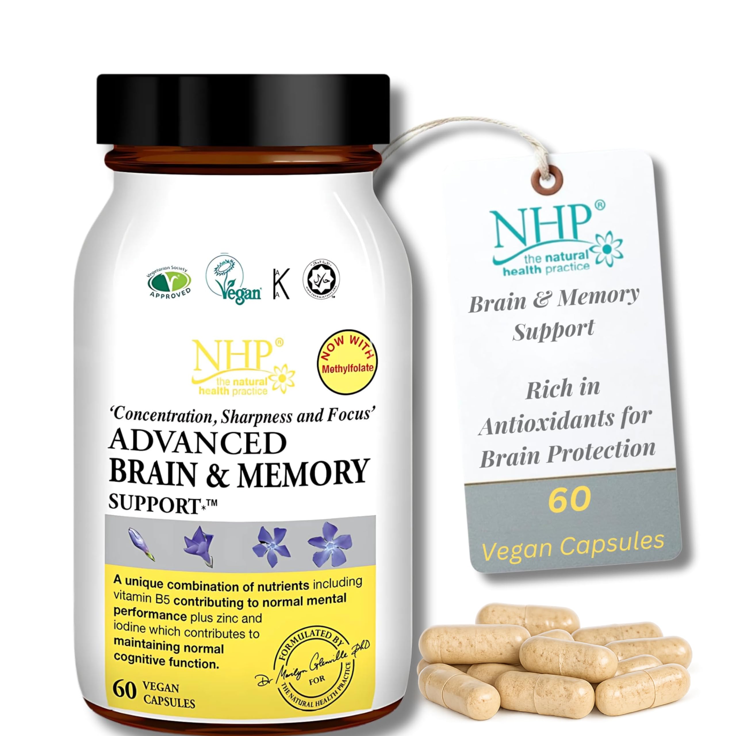 NHP Advanced Brain & Memory Support – Vegan Cognitive & Focus Supplement | B Vitamins, Zinc, Phosphatidylserine, Acetyl L-Carnitine, CoQ10 & Antioxidants for Mental Performance & Memory –60 Capsules