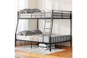 Feetice Full XL Over Queen Metal Bunk Bed, Heavy Duty Bunk Bed Frame with EVA Anti-Slip Ladder & Guardrails, Noise-Free Queen Bunk Bed for Adults, Teens, Black