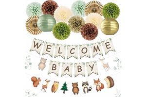 Kriyokiaa Woodland Baby Shower Decorations 15 Pcs Baby Shower Decorations with Welcome Baby Banners Paper Lantern Paper Flower Pom Poms Perfect for Indoor & Outdoor Celebrations