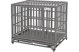 SMONTER 42" Heavy Duty Dog Crate Strong Metal Pet Kennel Playpen with Two Prevent Escape Lock, Large Dogs Cage with Wheels, Dark Silver …