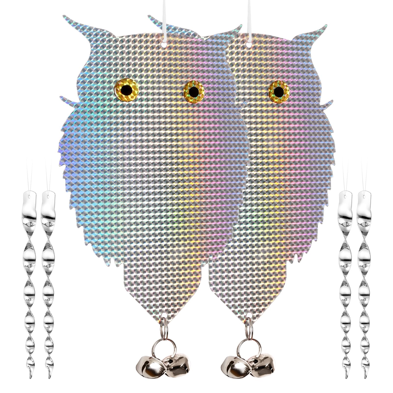 OFFO Owl Decoy for Pigeon Deterrent Hanging Outdoors Reflective Plastic Owls to Scare Pigeons to Keep Birds Away on Gardens with Bells 2 Pcs+4 Rods
