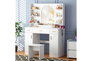 Decofy Vanity Desk with Mirror and 11 LED Lights, White Makeup Vanity Desk with Chair, Vanity Table Set, 5 Drawers 3 Lighting Modes & 5 Adjustable Brightness Dressing Table for Bedroom