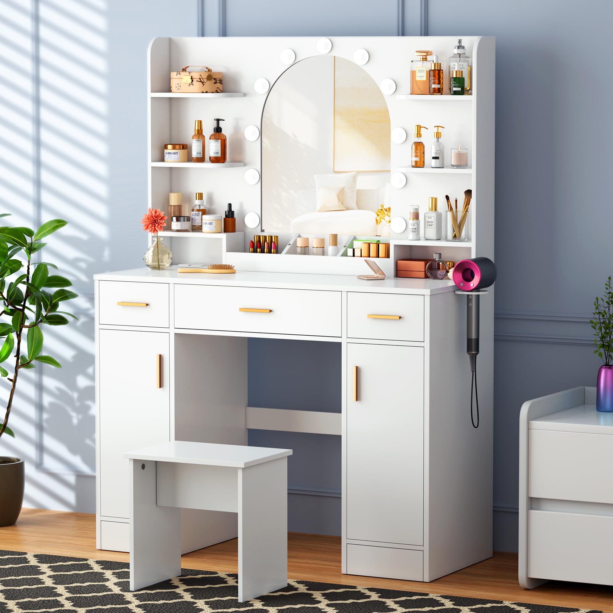 Photo 1 of *****************MISSING PIECES*************
Decofy Vanity Desk with Mirror and 11 LED Lights, White Makeup Vanity Desk with Chair, Vanity Table Set, 5 Drawers 3 Lighting Modes & 5 Adjustable Brightness Dressing Table for Bedroom