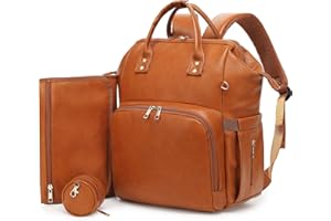 ROSEGIN Lightweight Vegan Leather Diaper Bag Backpack with Waterproof Changing Pad – Reinforced Stitching & Zippers, Baby Bag for Boy Girl, Stroller Straps, Ergonomic Design for Traveling Moms, Brown