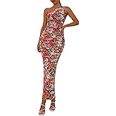 PRETTYGARDEN Women's One Shoulder Bodycon Dresses Summer 2026 Ruched Floral Beach Cocktail Wedding Guest Dress