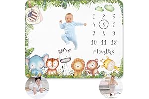 KEMINA BLANKETS Baby Milestone Blanket for Boy, Monthly Milestone Safari Baby Blanket for Boys, Milestone Blanket Animals Theme, Baby Milestone Blanket for Baby Boy Includes Wreath, 50”x40”